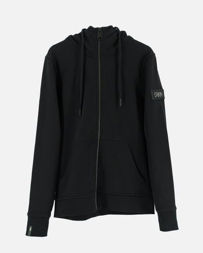 Black full-zip hoodie with a patch fastener. Nothing more, nothing less.