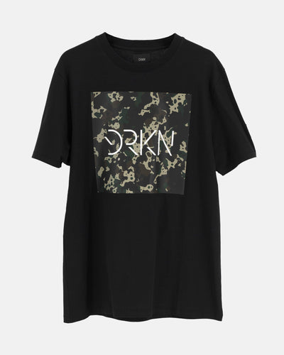 A black tee with a camo box and inside the box its printed DRKN in white.