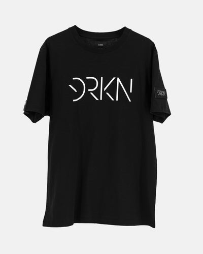 Black tee with a white text print that says DRKN. Clean black t-shirt.