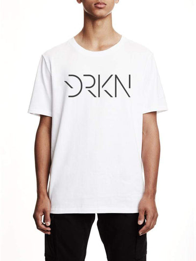 A clean white tee with a DRKN logo.