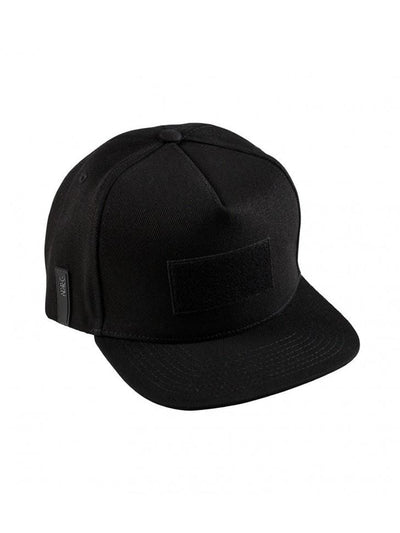 A black snapback with a patch fastener.