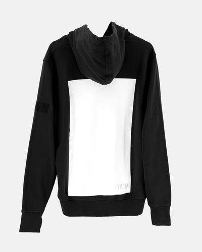A black hoodie with a large white box on the back. It covers almost the full back.
