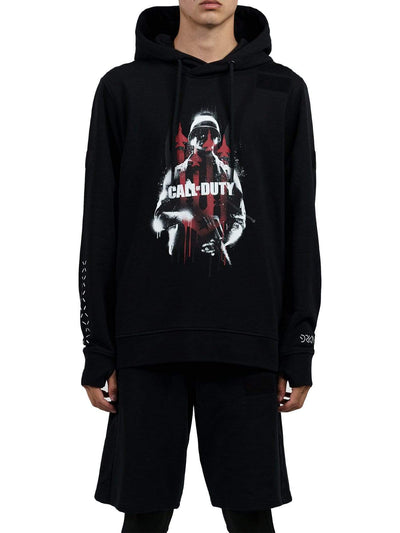 Black hoodie with a big Call of Duty print on the chest showing a soldier with a gun.