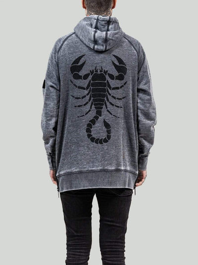 Grey comfortable zip hoodie with a scorpion on the back.