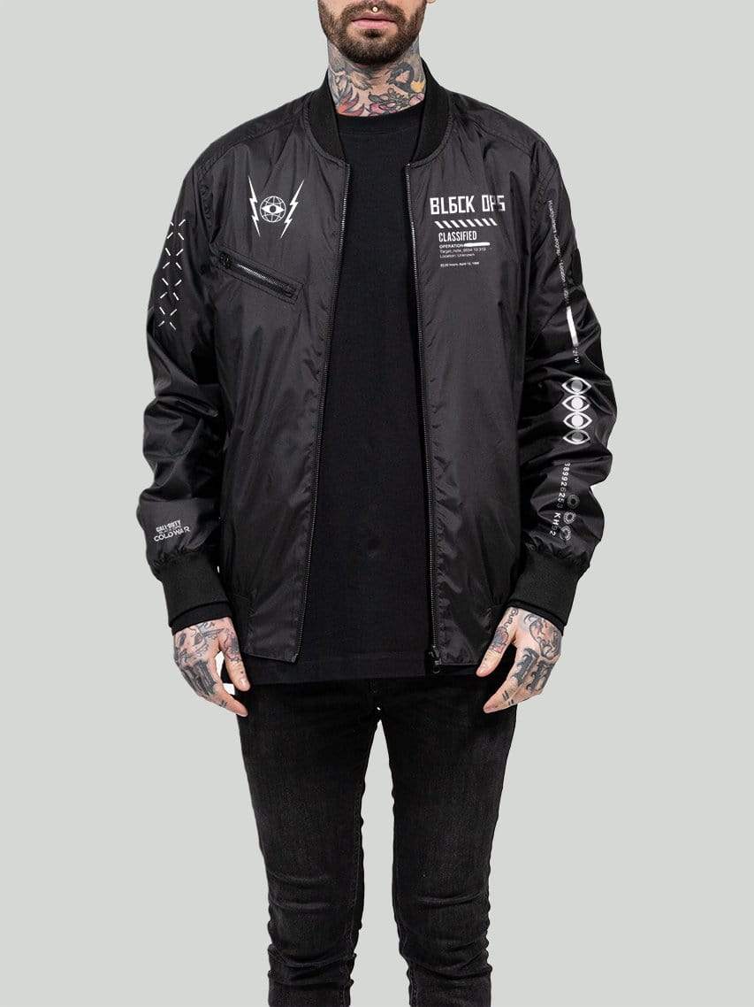 Black bomber jacket with Call of Duty prints.