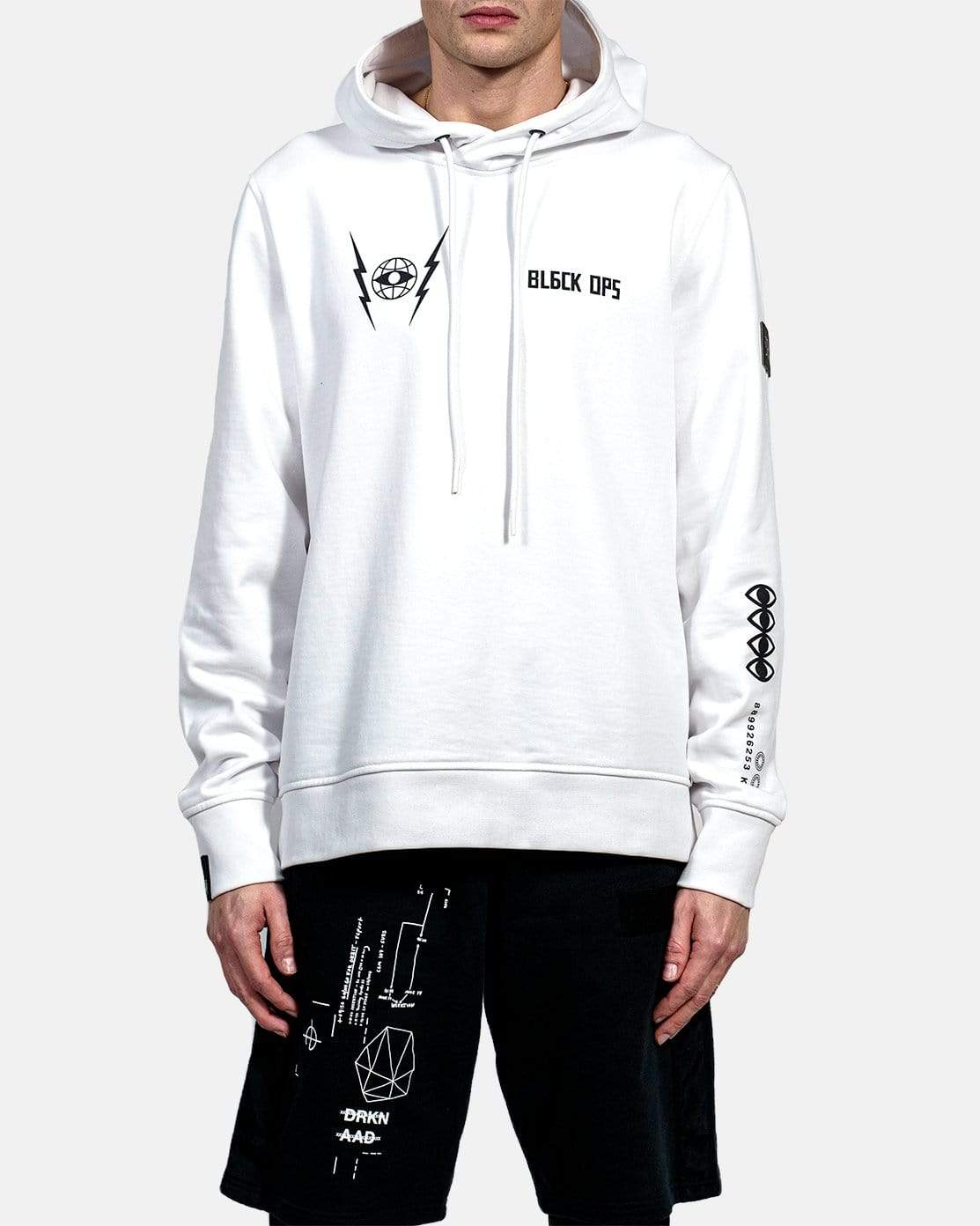 White hoodie with discreet prints. Inspired from the game Black Ops.