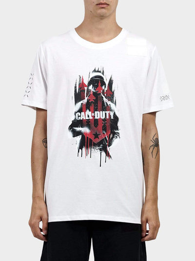 White Tee with a big Call of Duty print. A soldier and airplanes.