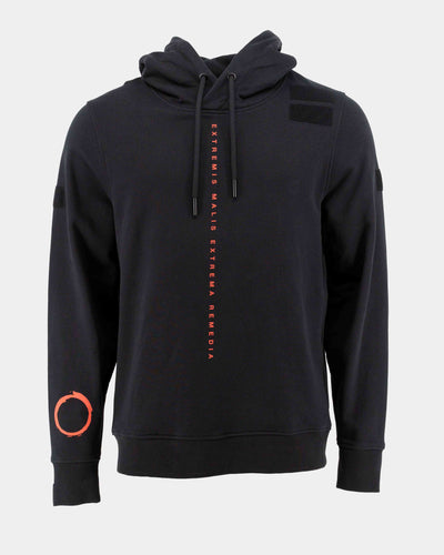 A black hoodie with orange prints. Tribute to the game The Division. The text print says Extremis Malis Extrema Remedia.