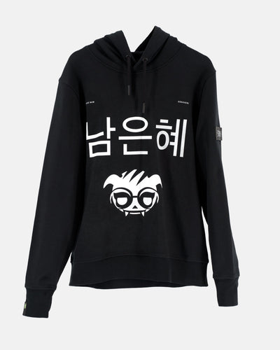 Black hoodie with white prints of the operator Dokkaebi and some Chinese signs.