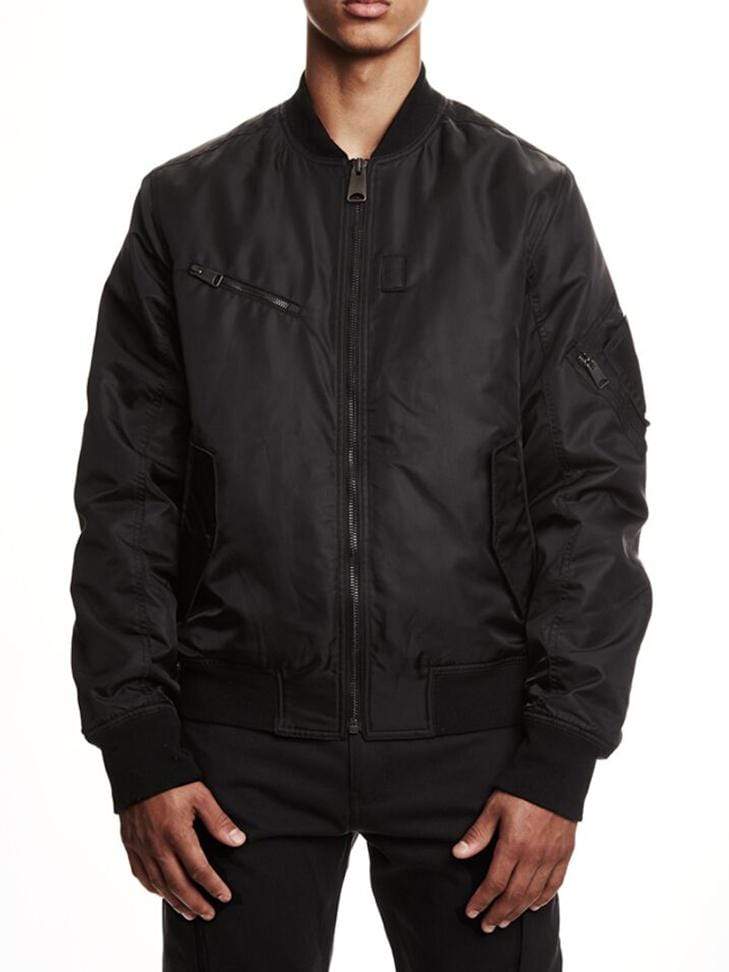 An old school black bomber jacket with no prints. Just a clean bomber jacket. Nothing more, nothing less.