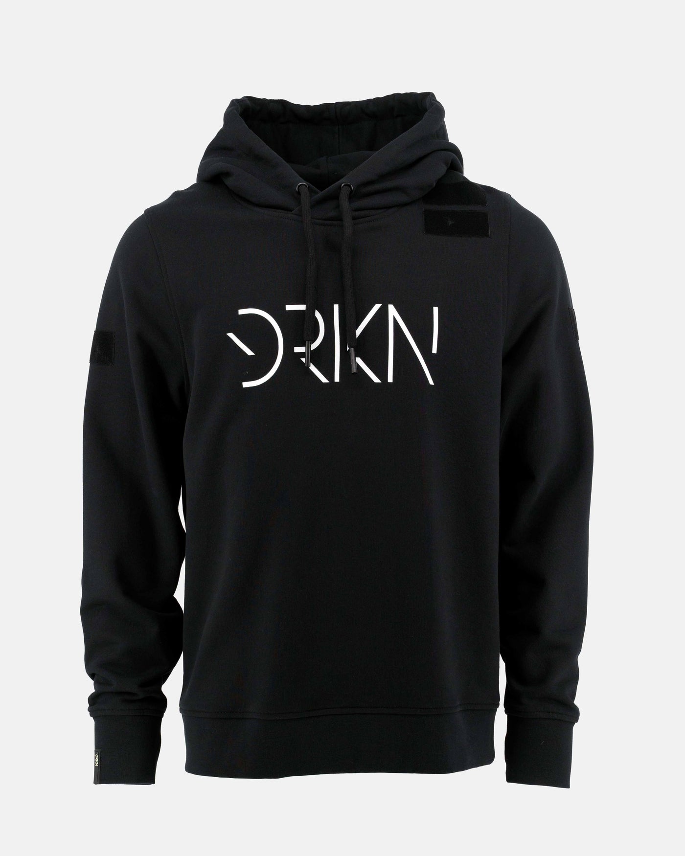 One of the signature hoodies of DRKN. Black hoodie with a white text print of DRKN.