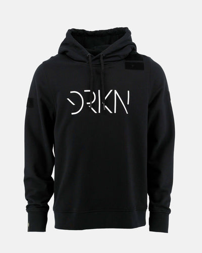 One of the signature hoodies of DRKN. Black hoodie with a white text print of DRKN.