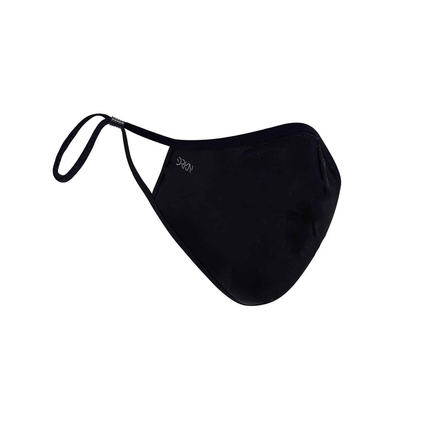 A black discreet face mask. Very discreet DRKN logo on the side.
