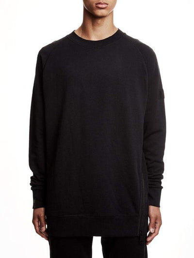 A black long crew/sweatshirt with a zipper on the side.