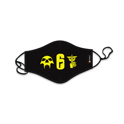 A black face mask for your own and your surroundings safety. Yellow R6 print.