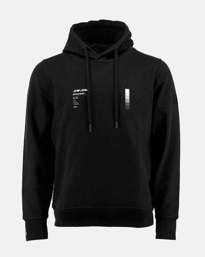 Black hoodie with small white prints on both sides of the chest.