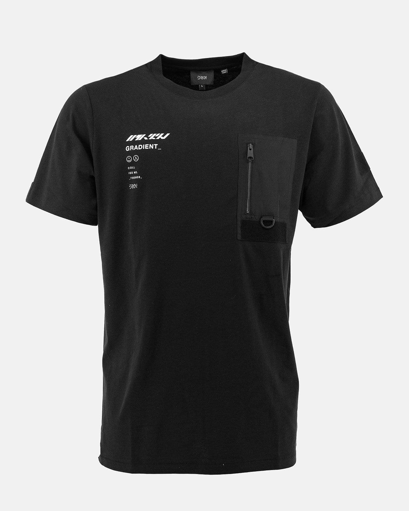 Black Tee with a discreet text print on the right side of the chest. Pocket with a zipper on the left side of the chest.
