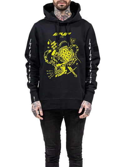 A black hoodie with a large yellow print. MVP and a skull with a knife through it.