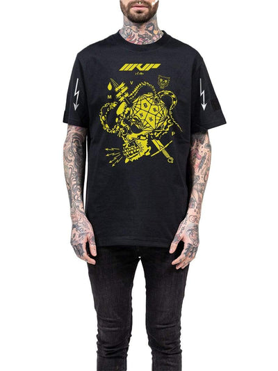 A black tee with a yellow print. MVP and a skull with a knife through it.
