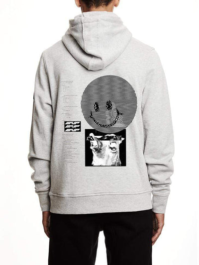 A grey hoodie with a lot of prints on the back. A smiley and some animals etc.