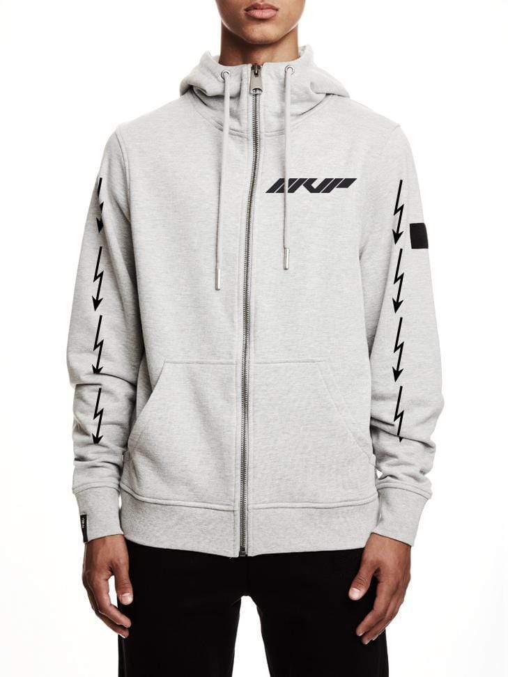 A grey zip hoodie with a discreet MVP print.