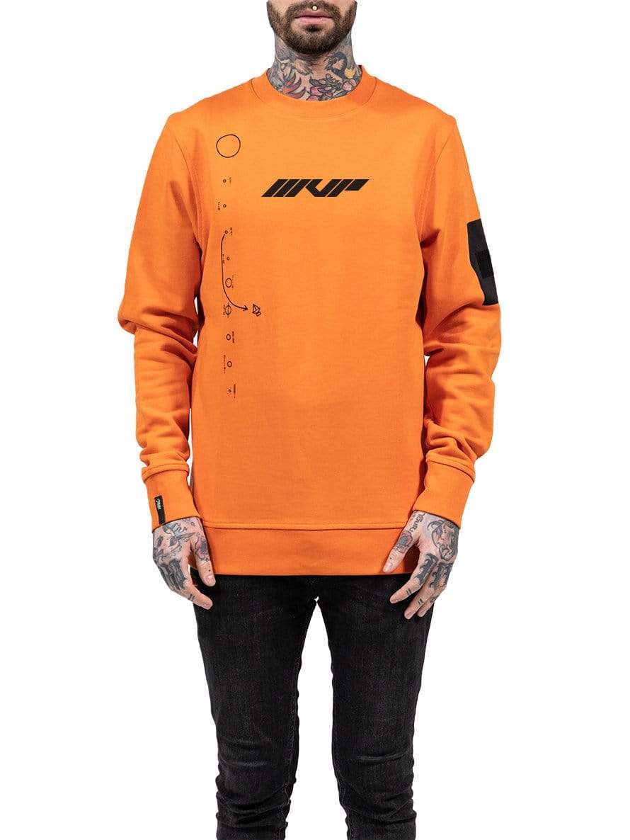 An orange sweatshirt with a discreet MVP print.