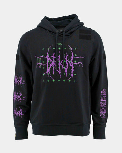 A black hoodie from the legacy collection. Purple prints that reminds of the Matrix. Post Human Theme