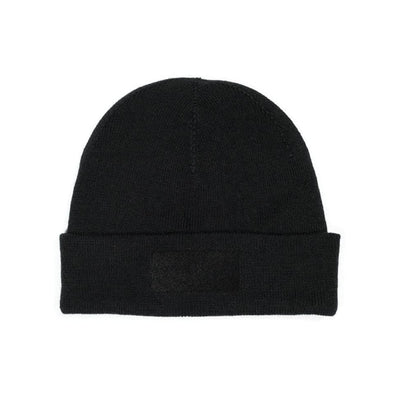 A black beanie with a patch fastener on the front so you can apply all kinds of different patches.