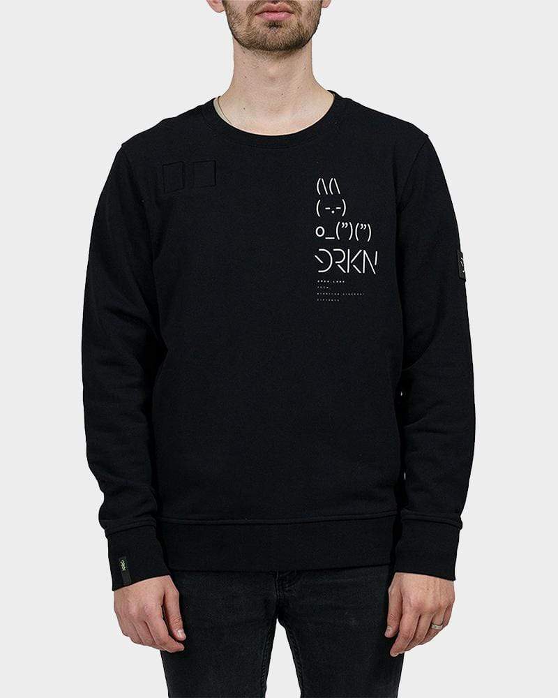 A black sweatshirt with a rabbit and DRKN print.