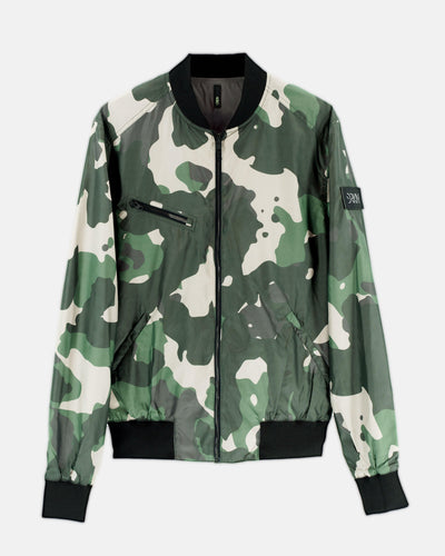 A reversible bomber jacket in camo and reflective. Two jackets in one. One more colorful in camo and one side that is more clean.