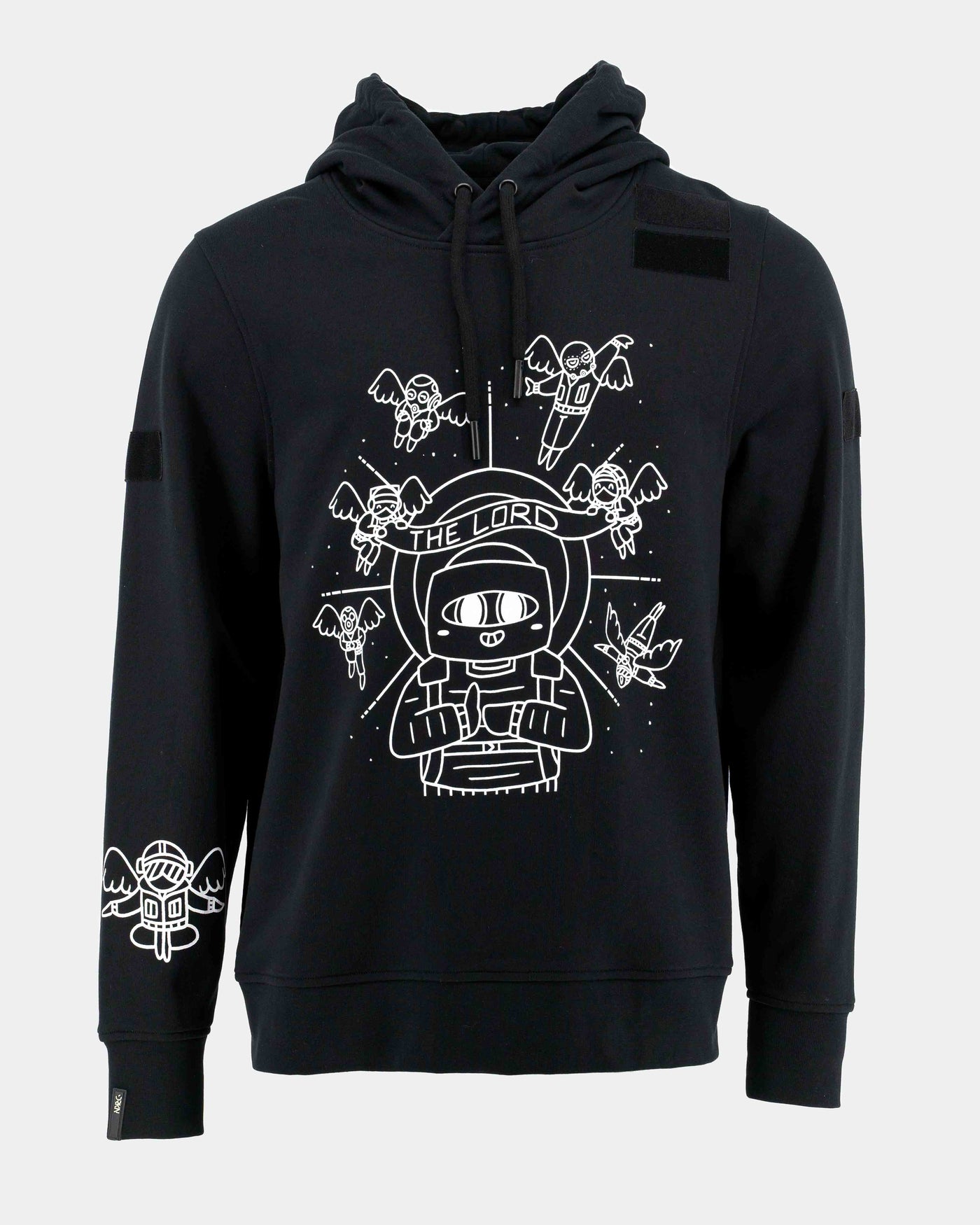 A black hoodie with comic con art prints from the creator Sau-Siege.