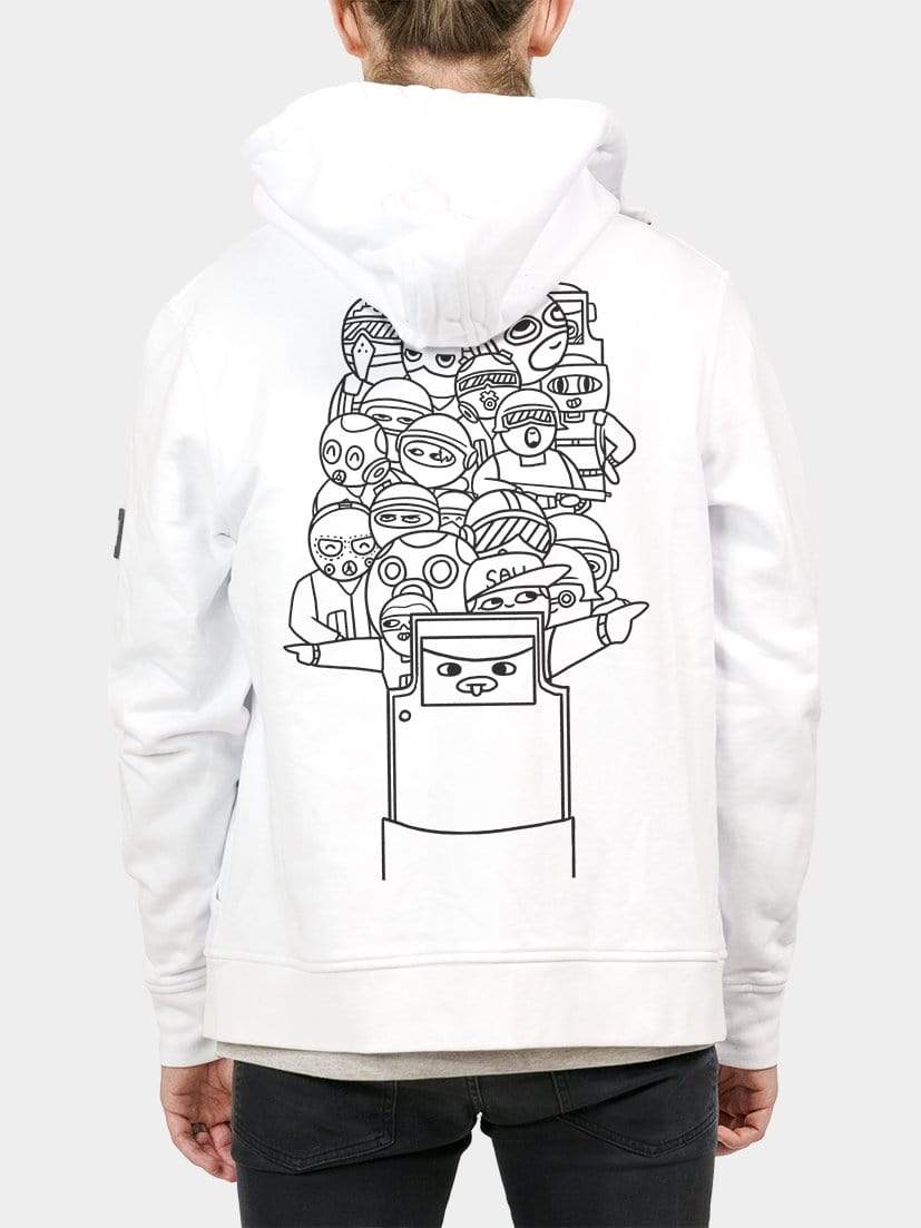 A white zip hoodie with drawing art as print on the back. From the genius content creator Sau-Siege.
