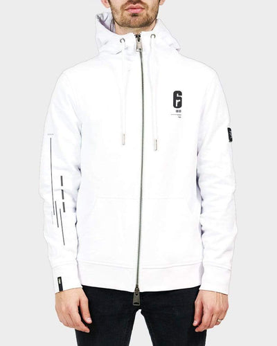 A white hoodie with discreet prints from Rainbow6. Full zip hoodie.