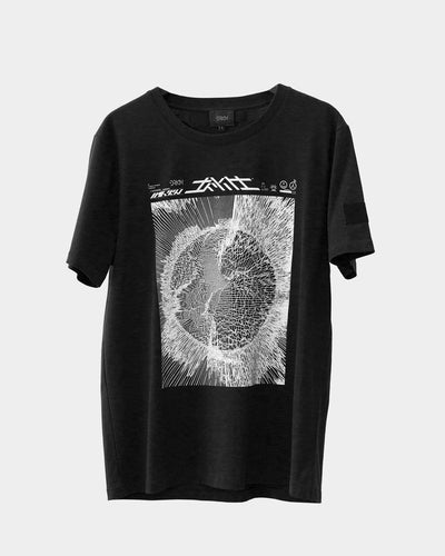 Black T-shirt with a huge print of a sun storm.