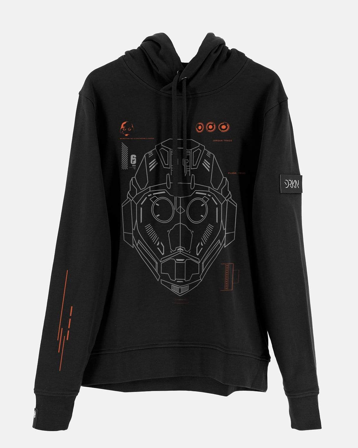 The first DRKN hoodie with an NFC tag in the rubber label. Black hoodie with white and orange prints. Read the NFC tag to unlock a Thermite skin in-game - Rainbow Six.