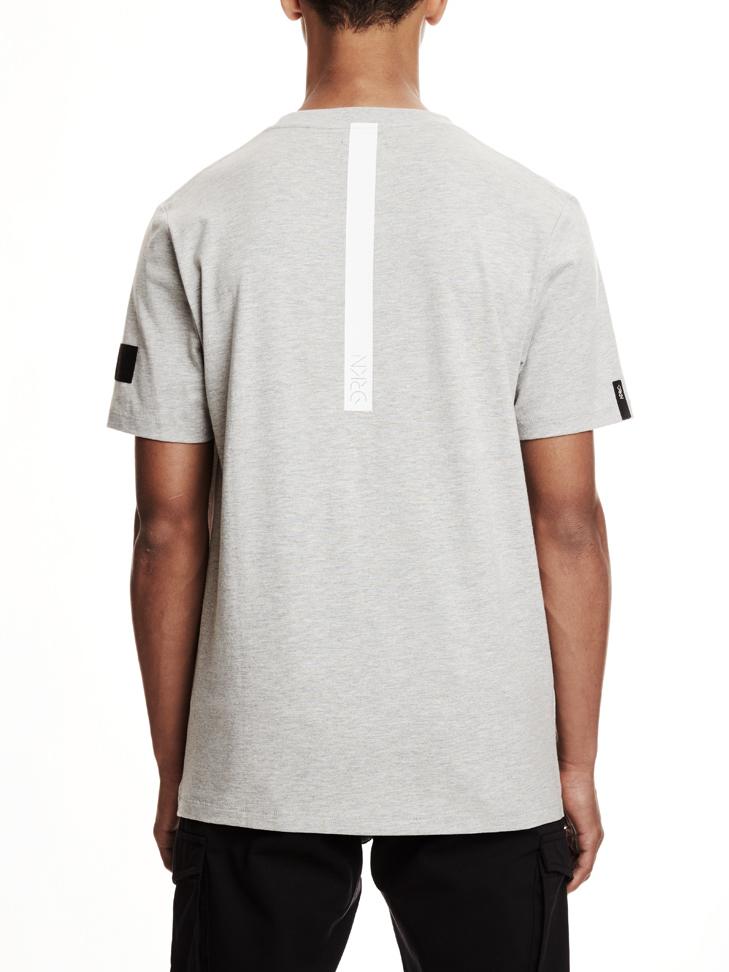 A grey t-shirt with a small white stripe on the back.