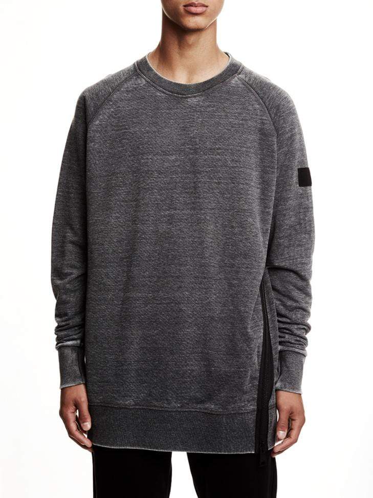A grey long crew/sweatshirt with a zipper on the side.