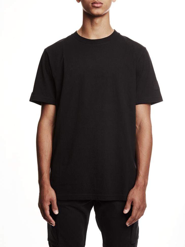 Black Tee with patch fastener on the left arm. Clean t-shirt.