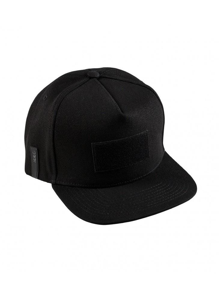A black snapback with a patch fastener.